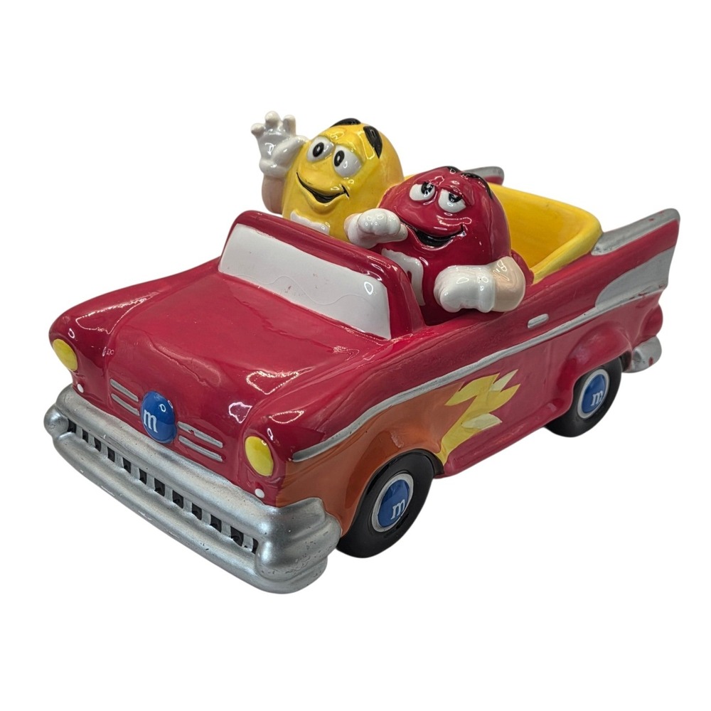 Vintage 2002 M&M Galerie Ceramic Red Convertible Car Candy Dish Red & Yellow M&M